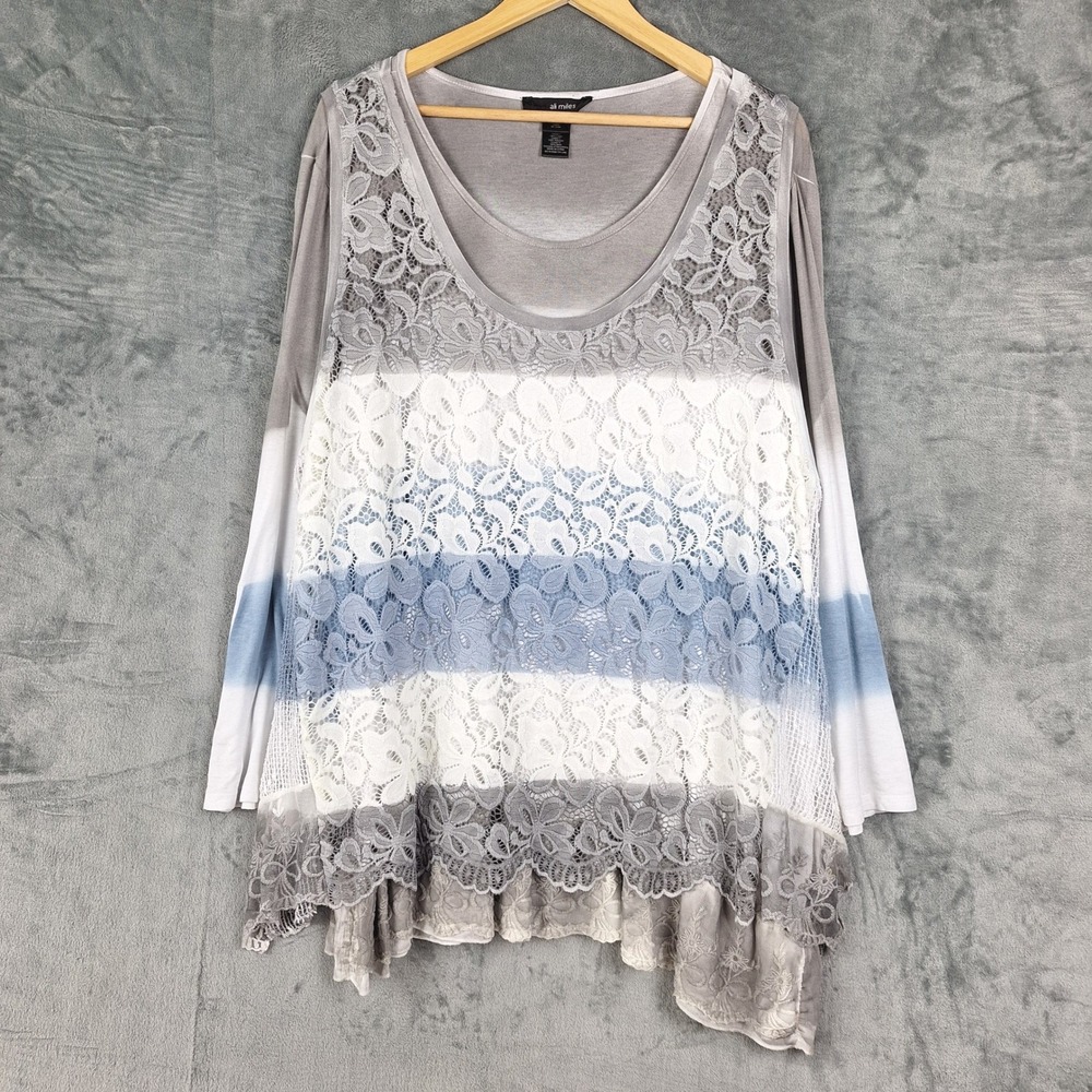 Ali Miles Top 3X Floral Crochet Lace Tunic Striped Boho Lagenlook Asymmetrical